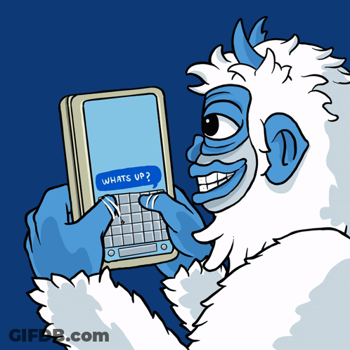 Cartoon Yeti Holding Cell Phone Saying Whats Up GIF