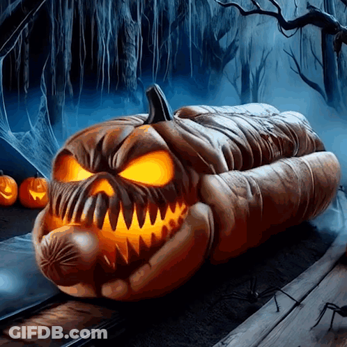 Carved Pumpkin With Glowing Face And Teeth GIF