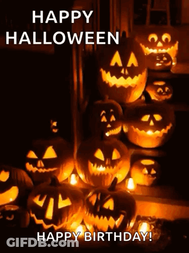 Carved Pumpkins Saying Happy Halloween Happy Birthday GIF