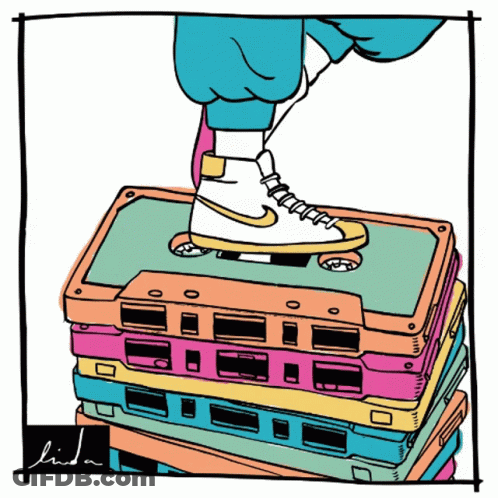 Cassette Tapes Stack With Foot On Top GIF