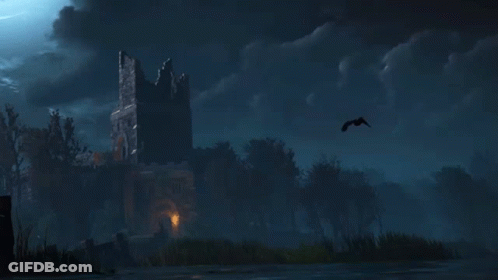 Castle In Forest At Night With Flying Bird GIF