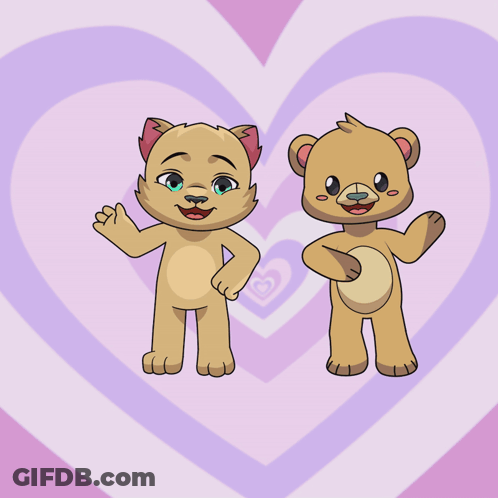 Cat And Bear Holding Hands Purple Heart GIF