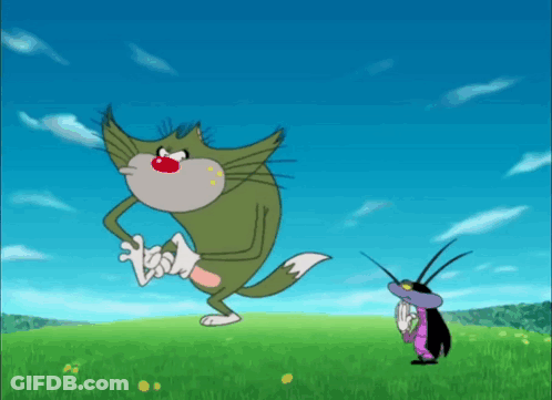 Cat And Cockroach Standing On Grassy Hill GIF