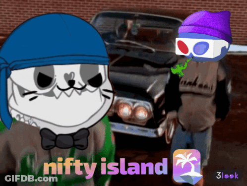 Cat And Man Standing Next To Car Saying Nifty Island GIF