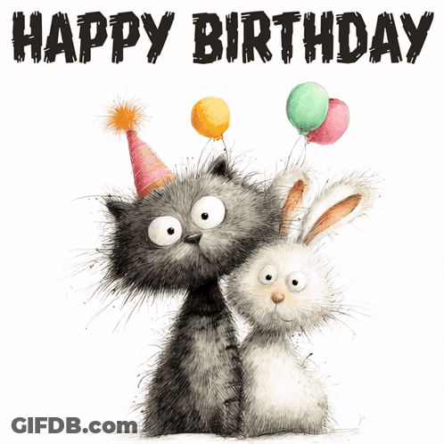 Cat And Rabbit Happy Birthday Card GIF