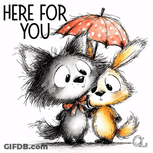 Cat And Rabbit Holding Umbrella Saying Here For You GIF