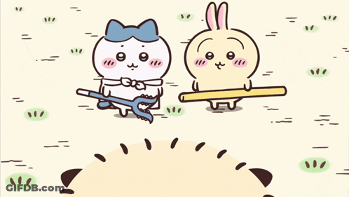 Cat And Rabbit Standing Together Holding Trident GIF