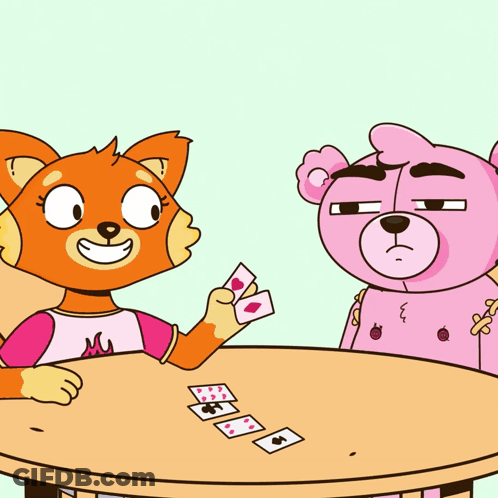 Cat And Teddy Bear Playing Card Game GIF