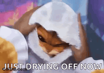 Cat Covering Face With Towel Saying Just Drying Off Now GIF