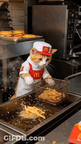 Cat Dressed As McDonald's Worker Cooking French Fries GIF