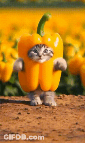 Cat Dressed As Yellow Pepper In Pepper Field GIF