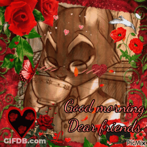 Cat Drinking From Cup Saying Good Morning Dear Friends GIF