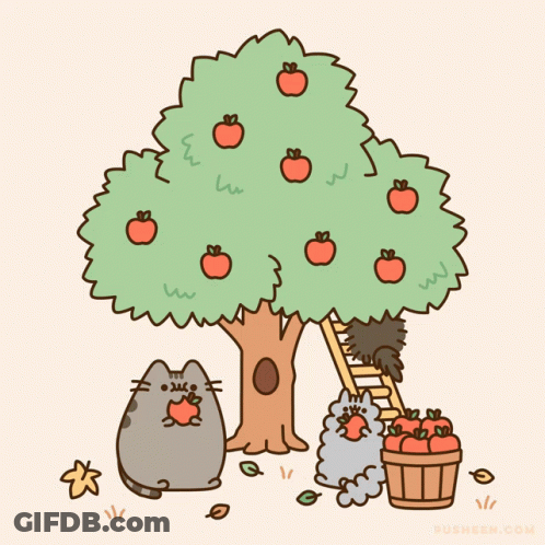 Cat Eating Apple Under Apple Tree Pusheen.com GIF
