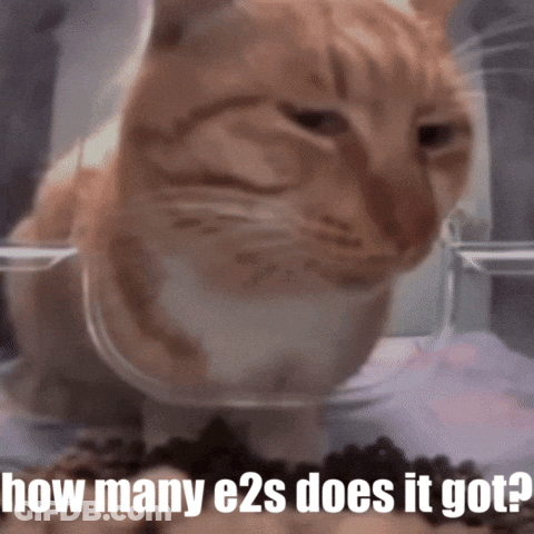 Cat Eating From Plastic Container Saying How Many E2s Does It Got GIF
