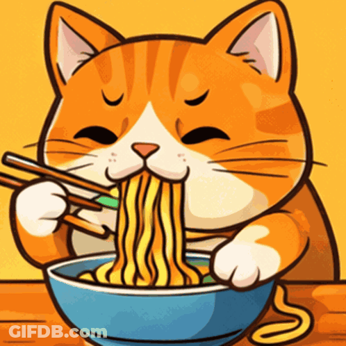 Cat Eating Noodles With Chopsticks From Blue Bowl GIF