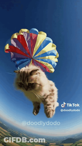 Cat Flying With Colorful Parachute GIF