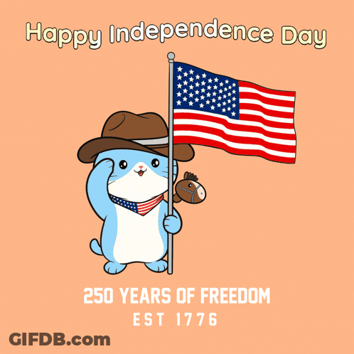 Cat Holding American Flag And Horse Saying Happy Independence Day 1776 GIF