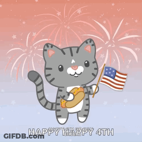 Cat Holding American Flag And Hot Dog Says Happy 4Th GIF