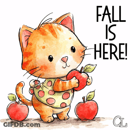 Cat Holding Apple Saying Fall Is Here GIF