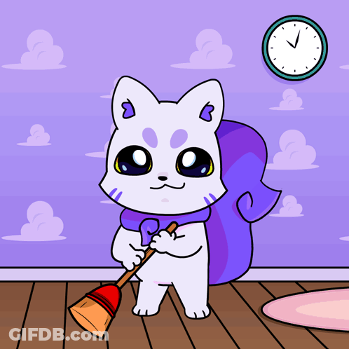 Cat Holding Broom And Clock Behind GIF