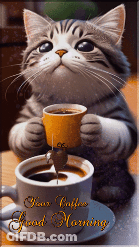 Cat Holding Coffee Saying Good Morning GIF