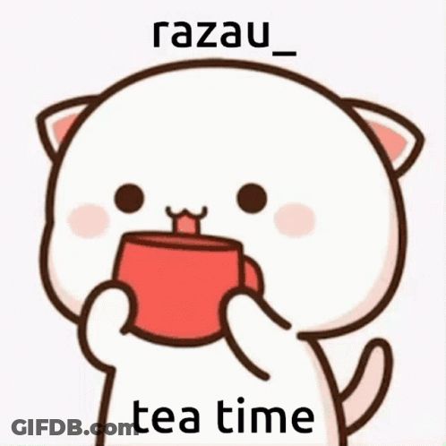 Cat Holding Cup Of Tea Saying Razau Tea Time GIF