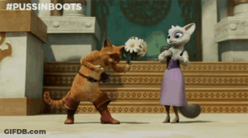 Cat Holding Daisies Next To Fox In Purple Dress GIF