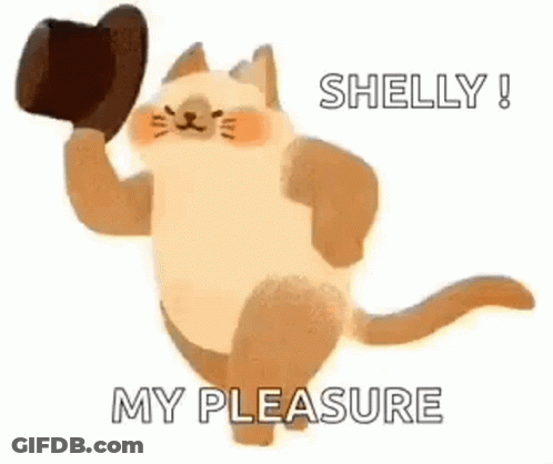 Cat Holding Hat Saying Shelly My Pleasure GIF
