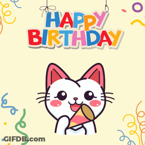 Cat Holding Party Hat Birthday Card GIF