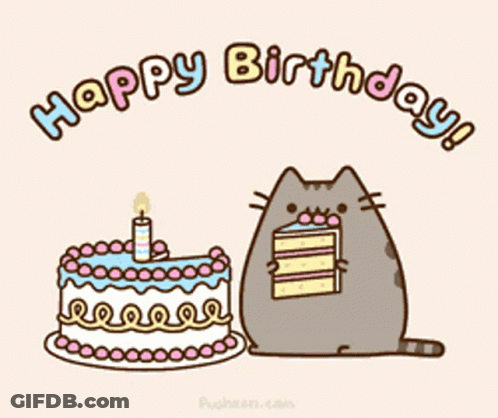 Cat Holding Piece Of Cake Next To Birthday Cake GIF