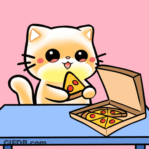 Cat Holding Pizza Slice Next To Pizza Box GIF