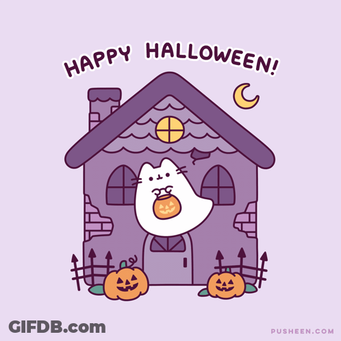 Cat Holding Pumpkin Happy Halloween GIF