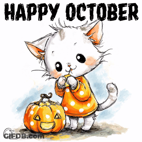 Cat Holding Pumpkin Saying Happy October GIF