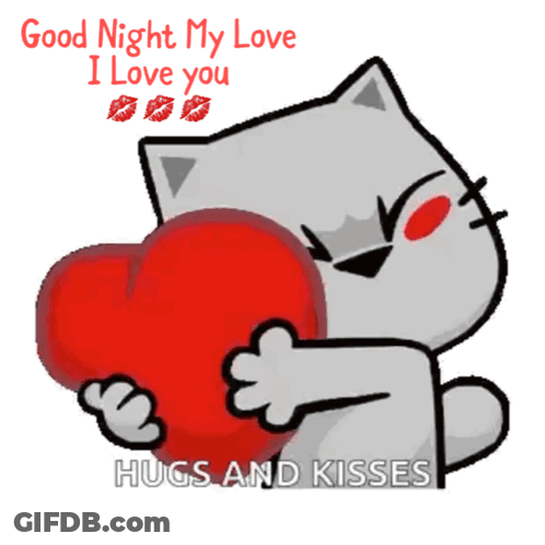 Cat Holding Red Heart Saying Good Night My Love I Love You Hugs And Kisses GIF