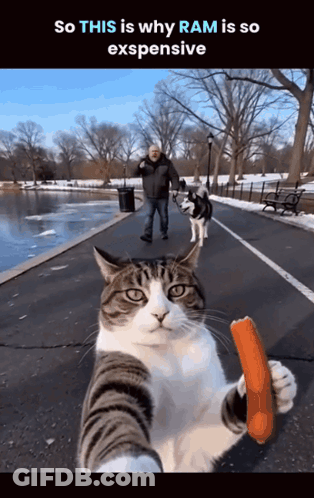 Cat Holding Sausage While Man Walks Dog GIF