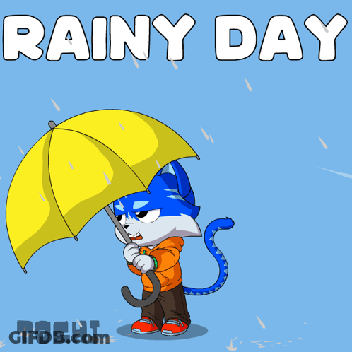 Cat Holding Yellow Umbrella Rainy Day GIF