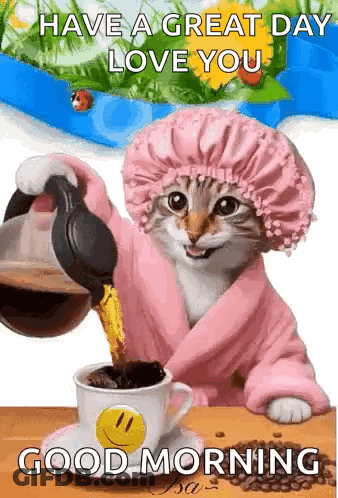 Cat In Bathrobe Pouring Coffee GIF