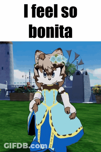 Cat In Blue Dress Saying I Feel So Bonita GIF