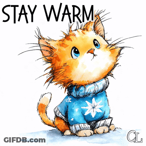 Cat In Blue Sweater Saying Stay Warm GIF