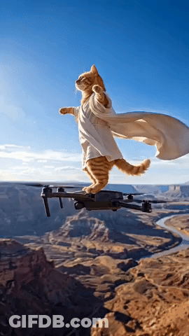 Cat In Cape Flying On Drone GIF