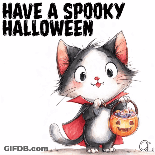 Cat In Cape Holding Bucket Of Candy Saying Have A Spooky Halloween GIF