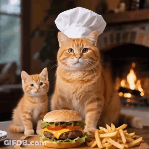 Cat In Chef Hat With Hamburger And Fries GIF