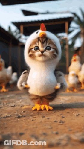 Cat In Chicken Costume Standing In Front Of Chickens GIF