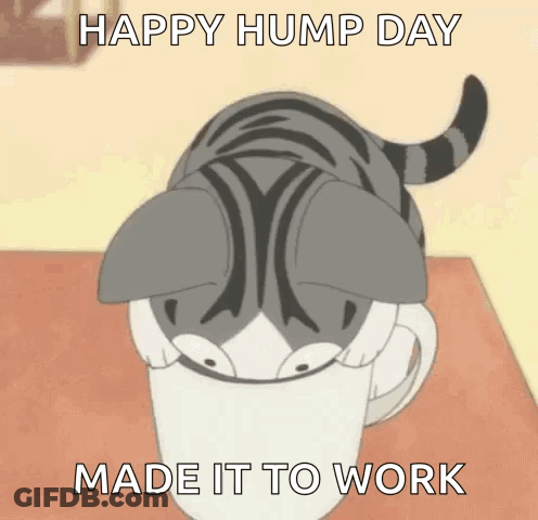 Cat In Coffee Cup Happy Hump Day Made It To Work GIF