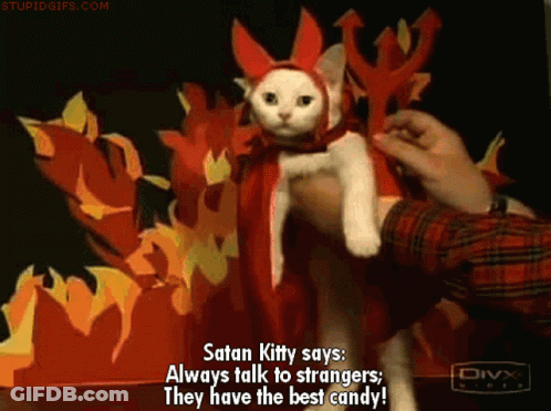 Cat In Devil Costume Says Satan Kitty Always Talk To Strangers GIF