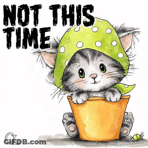 Cat In Green Polka Dot Hat Sitting In Pot Saying Not This Time GIF