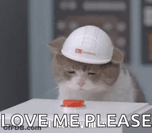 Cat In Hard Hat Pressing Love Me Please Button GIF