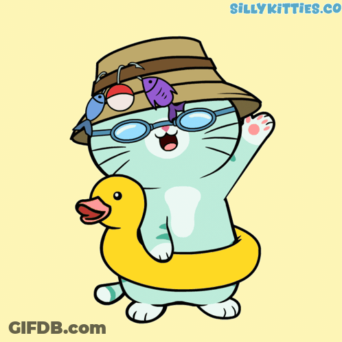 Cat In Hat And Goggles Holding Yellow Duck GIF