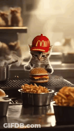 Cat In McDonald's Hat Holding Hamburger GIF