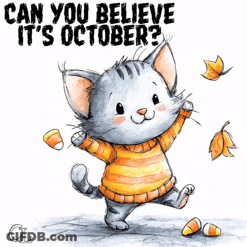 Cat In Orange And Yellow Sweater Holding Candy Corn And Leaves GIF
